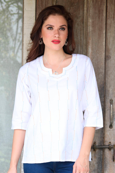 Cotton tunic, 'Song of the Hill' - White Kantha Stitch Embroidered Triangle Cotton Tunic