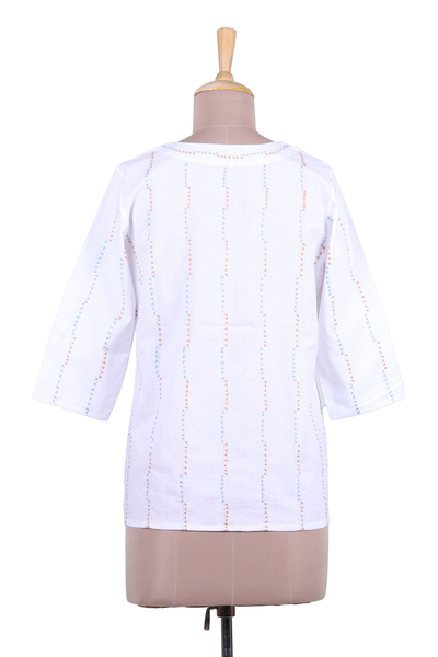 Cotton tunic, 'Song of the Hill' - White Kantha Stitch Embroidered Triangle Cotton Tunic