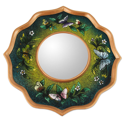 Reverse painted glass mirror, 'Turquoise Butterfly Sky' - Blue and Green Reverse Painted Glass Butterfly Mirror