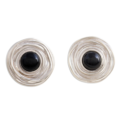 Obsidian-Ohrringe mit Blumenknöpfen - Obsidian- und Silberknopf-Ohrringe