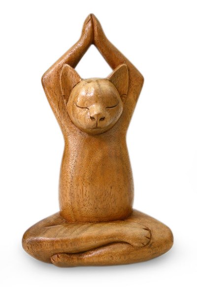 Wood sculpture, 'Toward the Sky Brown Yoga Cat' - Hand Crafted Wood Sculpture from Indonesia
