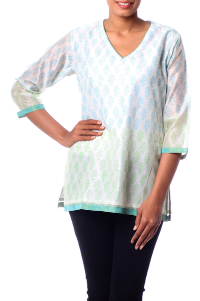 Cotton and silk blend tunic, 'Cool Bouquet' - Handmade Block Print Lined Cotton Blend Tunic from India