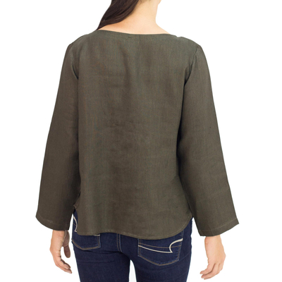 Linen blouse, 'Natural Expression in Loden' - Artisan Crafted 100% Linen Long Sleeved Blouse from Thailand