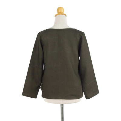 Linen blouse, 'Natural Expression in Loden' - Artisan Crafted 100% Linen Long Sleeved Blouse from Thailand