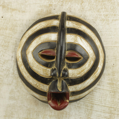 African wood mask, 'Baluba Rings' - African Sese Wood Mask with Beige and Black Rings from Ghana