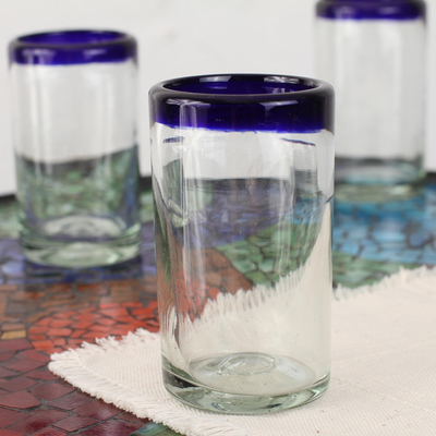 Blown glass juice glasses, 'Cobalt Classics' (set of 4) - Four Fair Trade Handblown Recycled Juice Glasses Drinkware