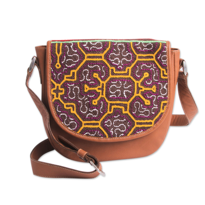 Leather and cotton shoulder bag, 'Sunny Shipibo Paths' - Fair Trade Leather Shoulder Bag with Embroidered Flap