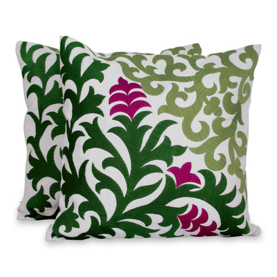 Cotton cushion covers, 'Magenta Blooms' (pair) - Floral Embroidered Cotton Cushion Covers From India (Pair)