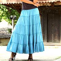 Cotton skirt, 'Sky Blue Frills' - Sky Blue Crinkle Cotton 5 Tier Skirt