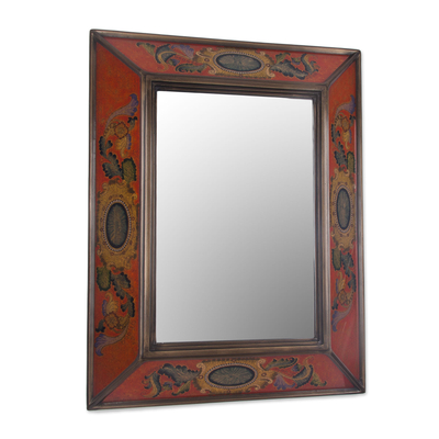 Reverse-painted glass wall mirror, 'Floral Medallions in Scarlet' - Floral Reverse-Painted Glass Mirror in Scarlet from Peru