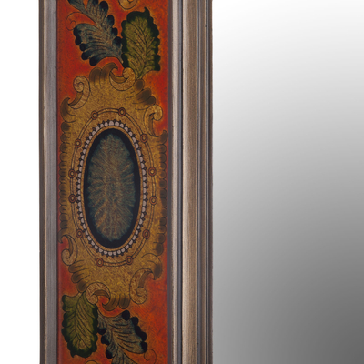 Reverse-painted glass wall mirror, 'Floral Medallions in Scarlet' - Floral Reverse-Painted Glass Mirror in Scarlet from Peru