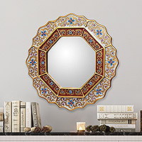 Mirror, 'White Star' - Reverse Painted Glass Wood Mirror from Peru