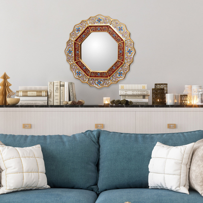 Mirror, 'White Star' - Reverse Painted Glass Wood Mirror from Peru