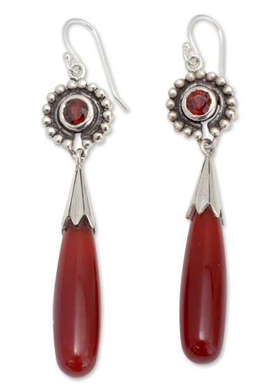 Agate and garnet dangle earrings, 'Jaipuri Kiss' - Hand Made Sterling Silver and Agate Dangle Earrings
