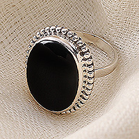 Onyx cocktail ring, 'Mysterious Moon' - Women's Handcrafted Onyx Cocktail Ring from India