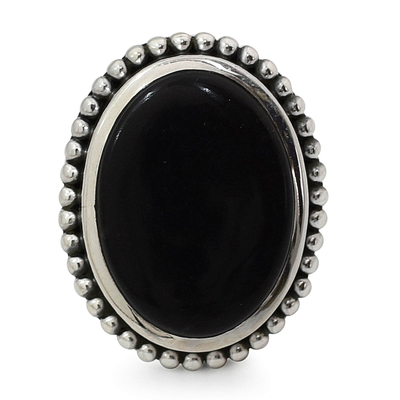 Onyx cocktail ring, 'Mysterious Moon' - Women's Handcrafted Onyx Cocktail Ring from India