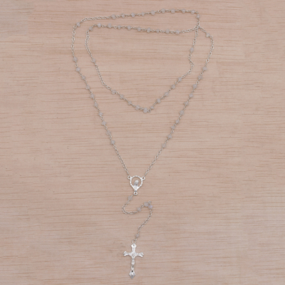 Rainbow moonstone rosary, 'Solemn Prayer' - Rainbow Moonstone and Sterling Silver Rosary Y-Necklace