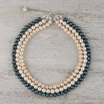 Cultured pearl strand necklace, 'Pastel Halo' - Three Strand Cultured Pearl Necklace from Thailand