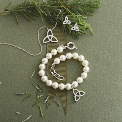 Swarovski crystal pearl charm bracelet, 'Eternal Trinity' - Trinity Knot Pearl Bracelet with Swarovski Crystals