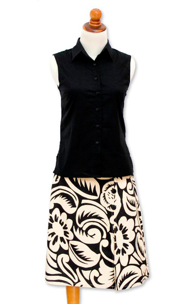 Cotton batik wraparound skirt, 'Balinese Shadow' - Black and Pale Yellow Floral Batik Cotton Wrap Skirt