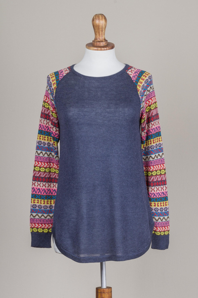 Cotton blend sweater, 'Andean Walk in Azure' - Azure Blue Tunic Sweater with Multi Color Patterned Sleeves