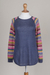 Cotton blend sweater, 'Andean Walk in Azure' - Azure Blue Tunic Sweater with Multi Color Patterned Sleeves (image 2d) thumbail