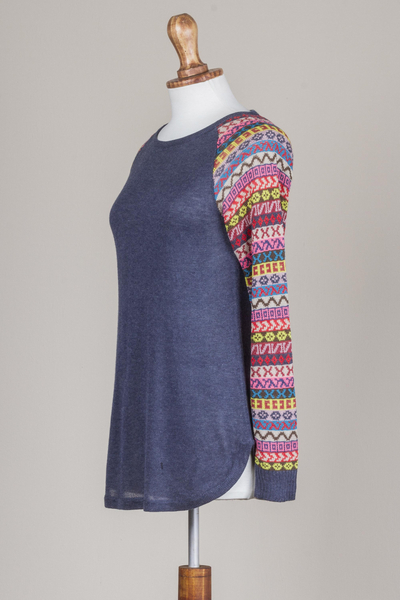 Suéter de mezcla de algodón, 'Andean Walk in Azure' - Suéter de túnica azul azur con mangas estampadas multicolores