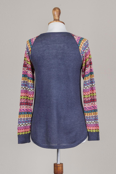 Suéter de mezcla de algodón, 'Andean Walk in Azure' - Suéter de túnica azul azur con mangas estampadas multicolores