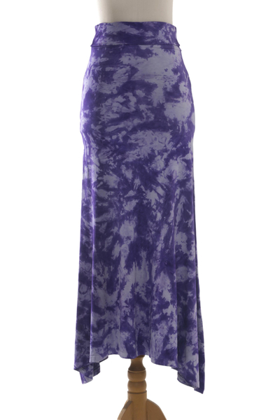 Falda larga de punto de mezcla de rayón teñida con corbata, 'Aspiring Purple' - Falda larga de rayón con efecto tie-dye púrpura y blanco de Indonesia