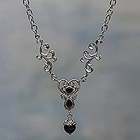 Hand Made Sterling Silver and Onyx Y Necklace - Arabesque Heart