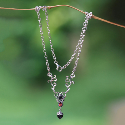 Onyx and garnet Y necklace, 'Arabesque Heart' - Hand Made Sterling Silver and Onyx Y Necklace