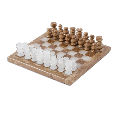 Onyx and marble chess set, 'Brown and Ivory Challenge' (7.5 inch) - Onyx and Marble Chess Set in Brown and Ivory (7.5 in.)