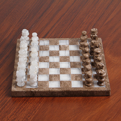 Onyx and marble chess set, 'Brown and Ivory Challenge' (7.5 inch) - Onyx and Marble Chess Set in Brown and Ivory (7.5 in.)