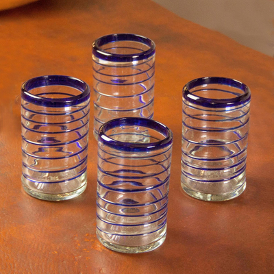 Blown glass drinking glasses, 'Spirals of Thought' (set of 4) - Handblown Recycled Glass Blue Striped Set of 4 Glasses