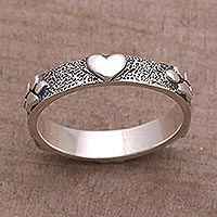Sterling silver band ring, 'Paws for Love' - Sterling Silver Heart and Paw Print Ring from Bali