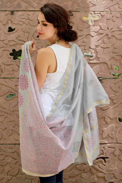 Cotton and silk shawl, 'Fortune's Elegance' - Pink on Gray Cotton and Silk Block Printed Shawl