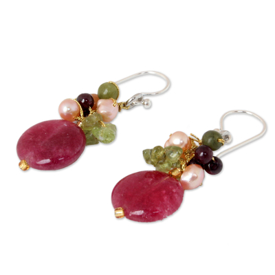 Pearl and garnet cluster earrings, 'Thai Joy' - Gemstone Beaded Dangle Earrings