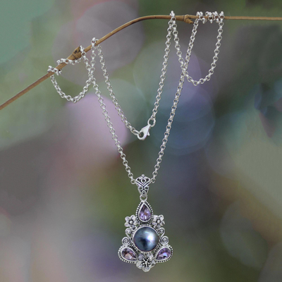 Cultured pearl and amethyst floral necklace, 'Frangipani Trio' - Blue Pearl and Amethyst Floral Pendant Necklace