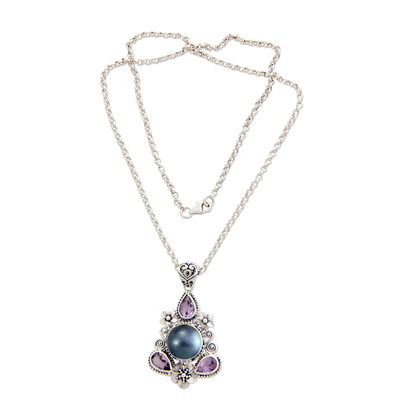 Cultured pearl and amethyst floral necklace, 'Frangipani Trio' - Blue Pearl and Amethyst Floral Pendant Necklace