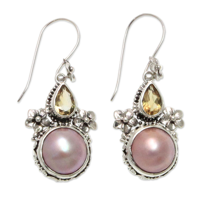 Cultured pearl and citrine dangle earrings 'Frangipani Trio' - Floral Theme Citrine and Pink Pearl Earrings