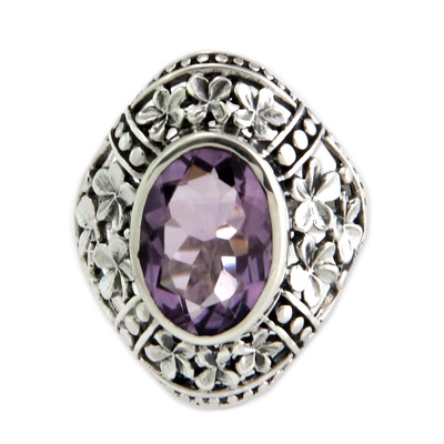 Amethyst cocktail ring, 'Silence' - Amethyst Floral Motif Cocktail Ring