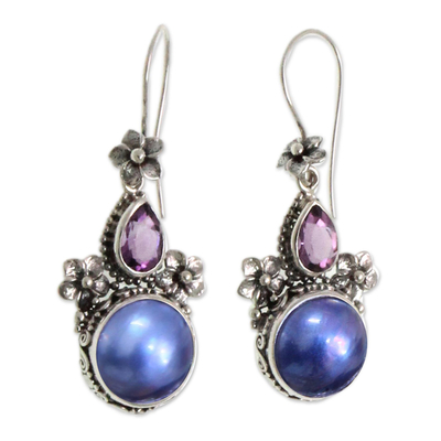 Amethyst and cultured pearl dangle earrings, 'Frangipani Trio' - Amethyst and Blue Cultured Pearl Earrings