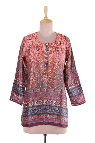 Embroidery trim tunic, 'Palace Intrigue' - Embroidered Tunic in Pumpkin and Blush from India