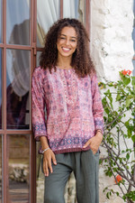 Embroidered tunic, 'Antique Petal' - Embroidered Tunic in Petal Pink and Cream from India