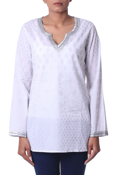 Cotton tunic, 'Silver Diva' - Block Printed White Cotton Tunic with Silver Embellishments