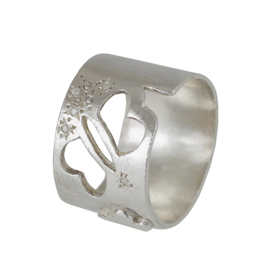 Sterling silver and diamond band ring, 'Winged Freedom' - Sterling Silver and Diamond Band Ring