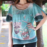 Cotton tunic, 'Owl Adventures' - Hand Painted Women's Top
