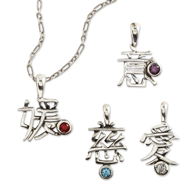 Sterlingsilber-Geburtsstein-Anhänger-Halskette, „Kanji“ – Kanji-Geburtsstein-Halskette aus Sterlingsilber