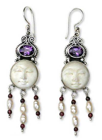 Amethyst and pearl dangle earrings, 'Moon Prince' - Amethyst and Pearl Chandelier Earrings