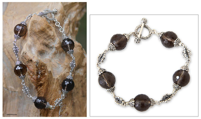 Smoky quartz link bracelet, 'Regal Elegance' (8 inch) - Smoky quartz link bracelet (8 inch)